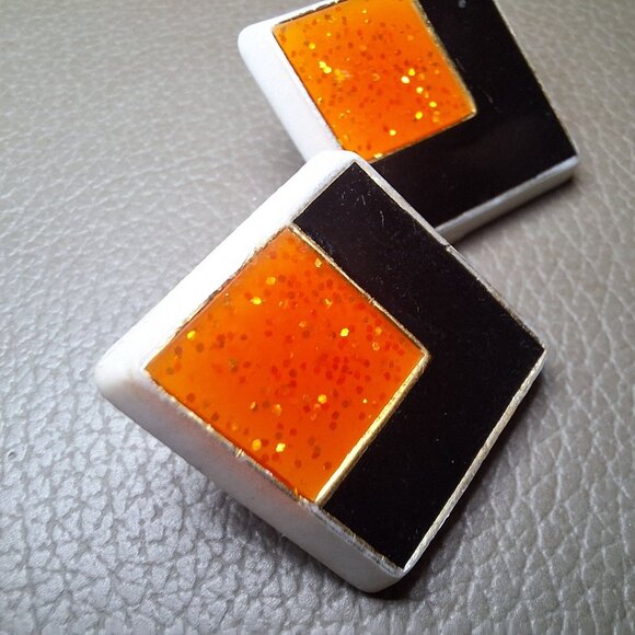 Square Retro Geometric Stud Earring Sparkling Orange Black Design 1 Inch Diamond - Picture 3 of 6